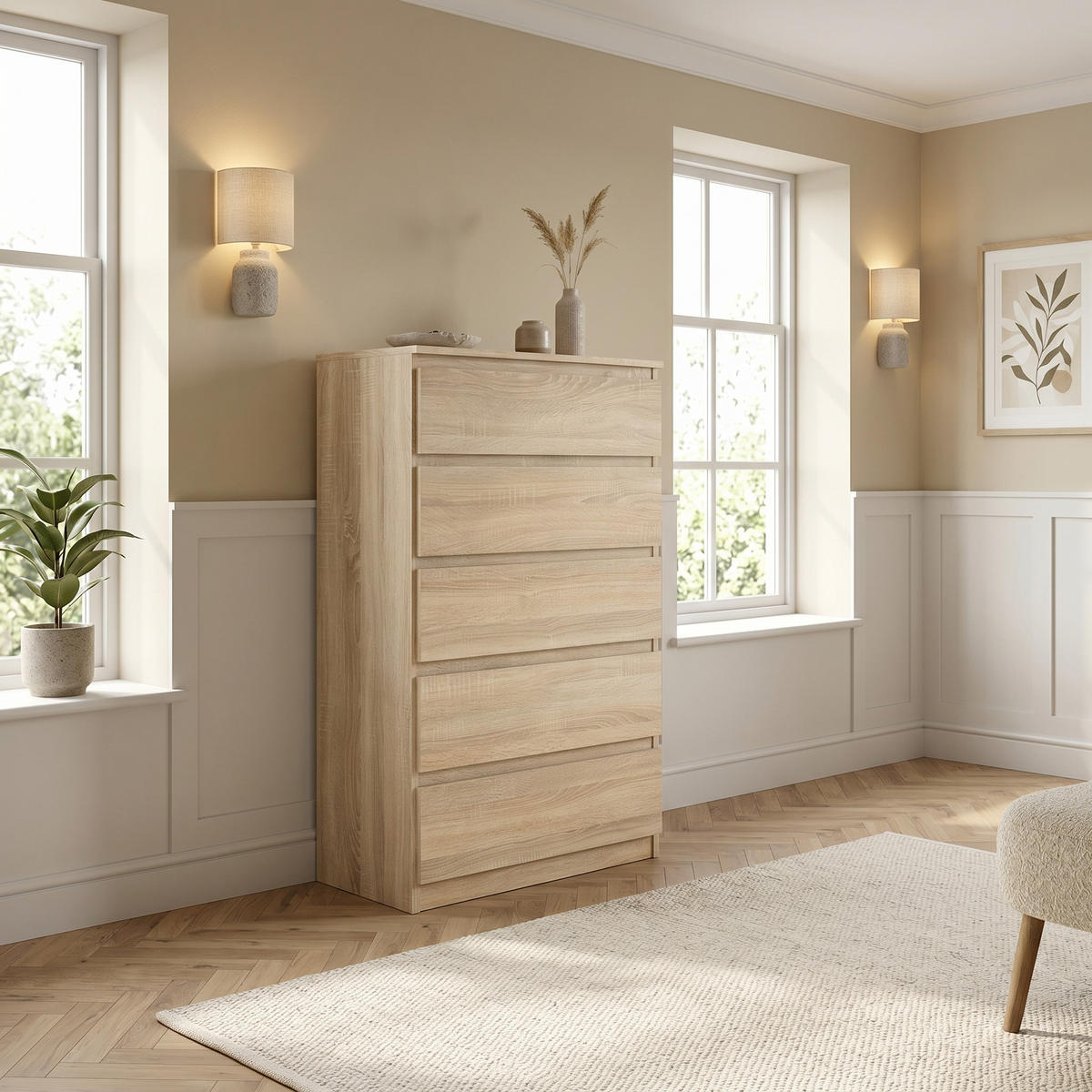 KOMMODE NUDO 70/124,5/39cm mit 5 Schubladen Türen Sonoma Eiche - Sonoma Eiche, Holzwerkstoff (70/124.5/39cm) - MASSENO