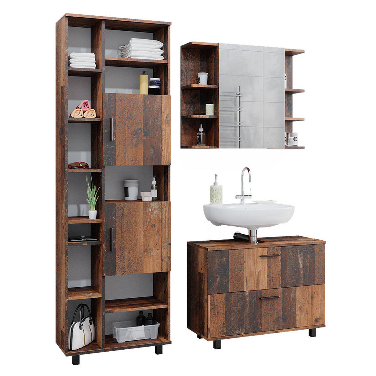 BADMÖBEL-SET Ilias Eiche rustikal 3 Teile, mit Hochschrank - Wildeiche, Holzwerkstoff (80.2/60.8/33cm) - Vicco