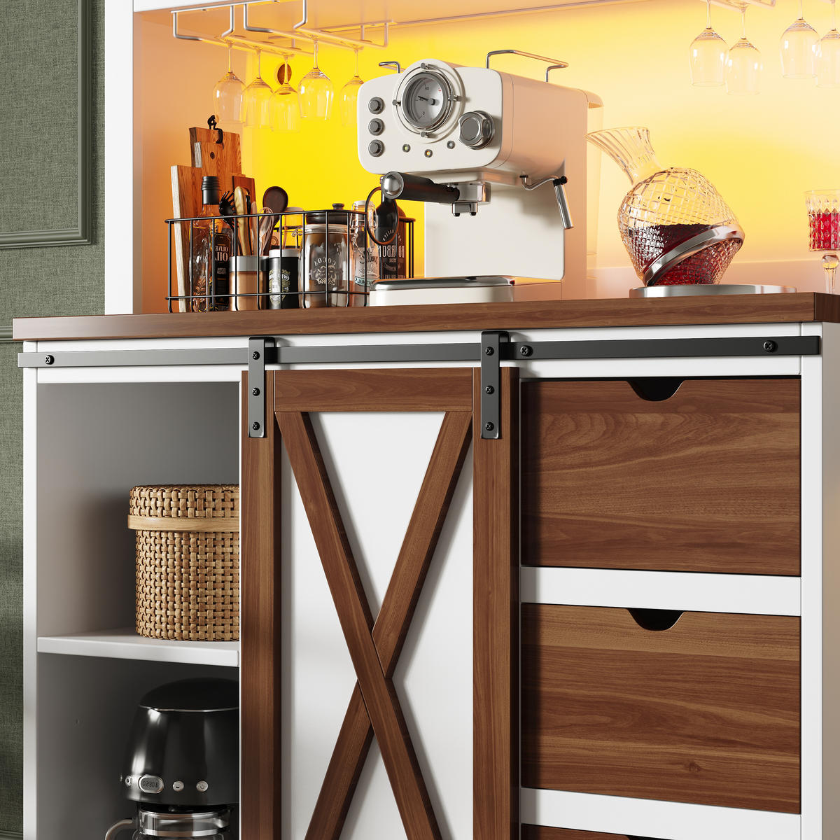 BUFFET 104/40/180 cm Weiß aus MDF, Glas und Metall mit LED - Weiß, Glas (104/180/40cm) - OKWISH