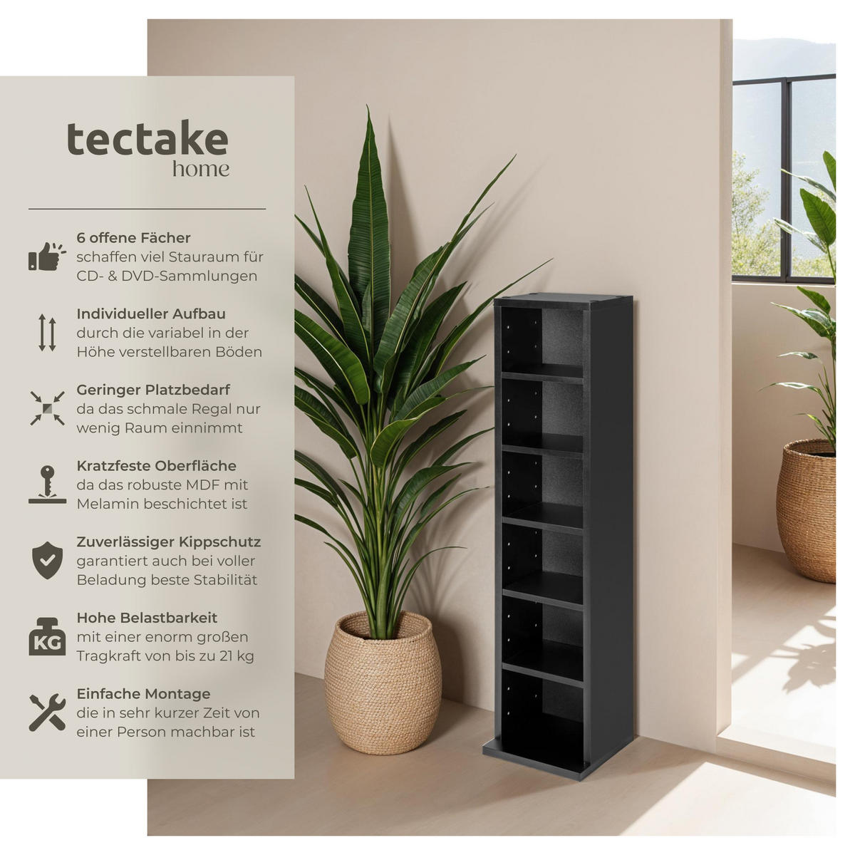 CD/DVD Regal Juliane,90 x 21 x 20 cm,schwarz - Schwarz, Holz (21/90/20cm) - tectake