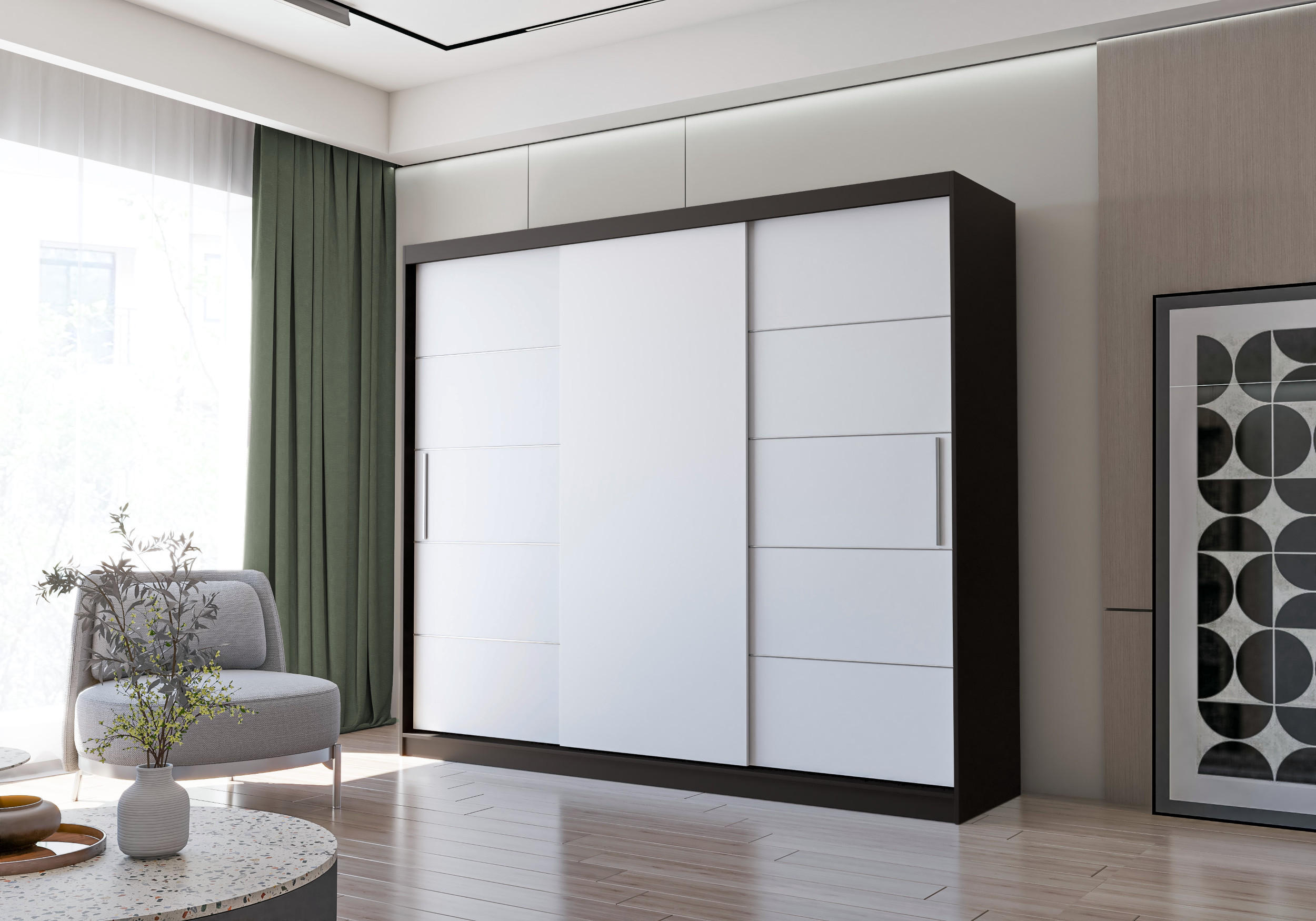 SCHWEBETÜRENSCHRANK Alba Schwarz/Weiß, ohne Spiegel und ohne LED Beleuchtung 250 cm - Alufarben/Schwarz, Holzwerkstoff/Kunststoff (250/218/61cm) - imoebel24