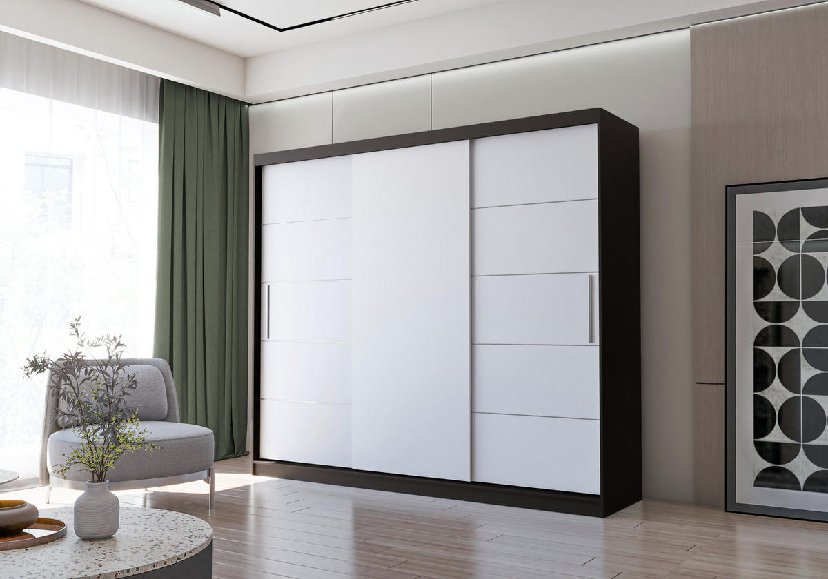 SCHWEBETÜRENSCHRANK Alba Schwarz/Weiß, ohne Spiegel und ohne LED Beleuchtung 250 cm - Alufarben/Schwarz, Holzwerkstoff/Kunststoff (250/218/61cm) - imoebel24