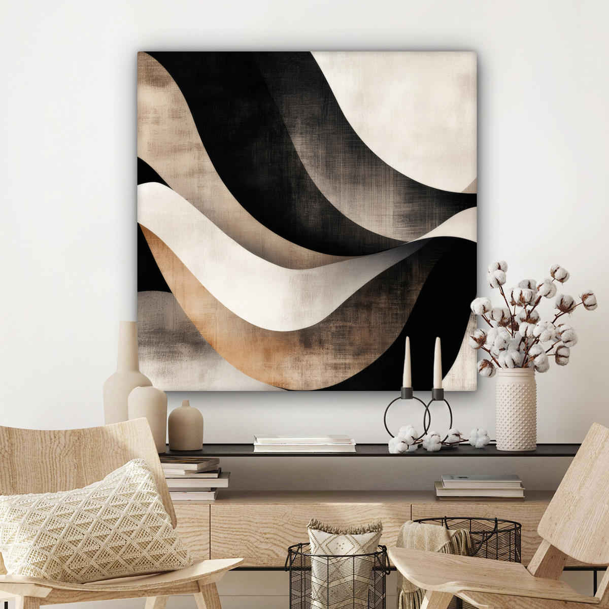 LEINWANDBILD Abstrakt - Wellen - Schwarz - Verwittert Deko Groß 90x90 cm - Trüffeleichefarben, Textil (90/90cm) - MuchoWow