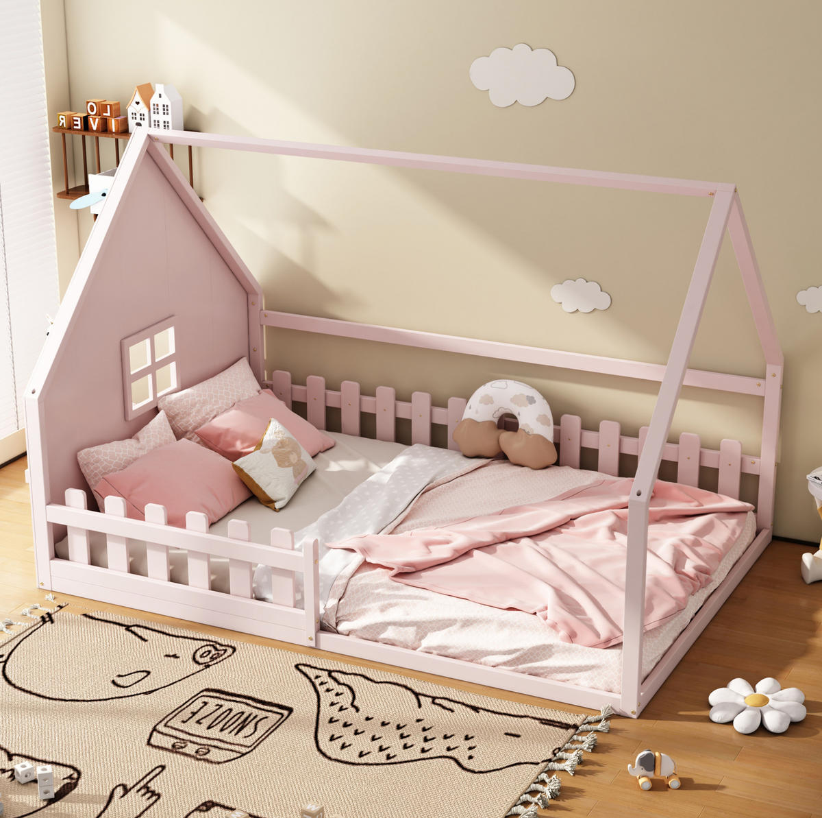 HAUSBETT 140/200 cm in Rosa – aus Kiefernholz mit Dachrahmen und Geländer - Rosa, Holz (140/200cm) - BEAOK