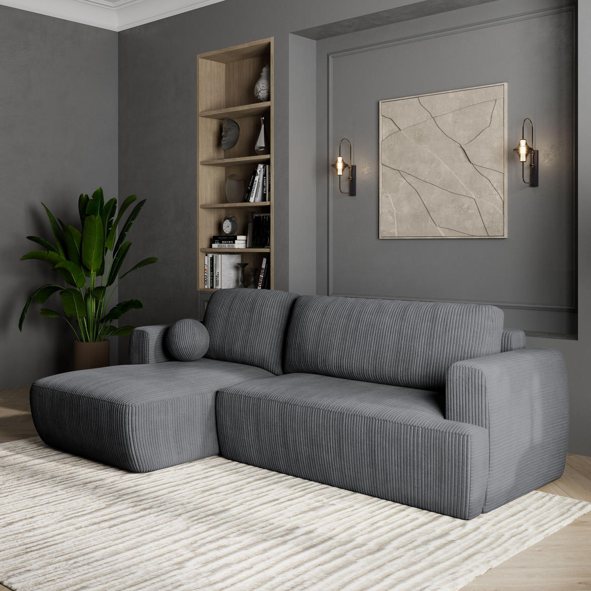 ECKSOFA SENTI P L-S Grau Kordstoff mit Schlaffunktion - Grau, Holz (246/148cm) - MASSENO