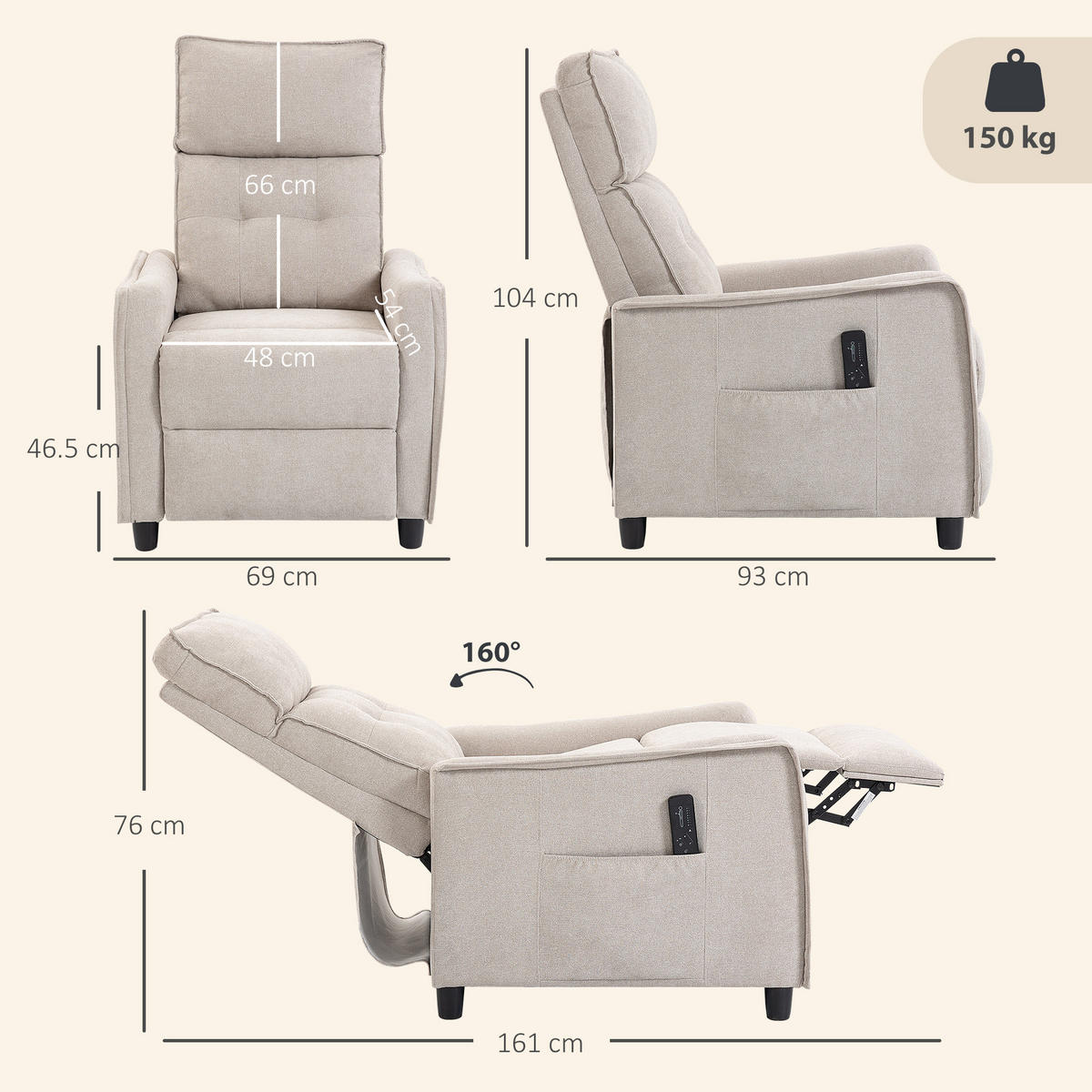 MASSAGESESSEL,MANUELL verstellbar Leinenoptik Fernbedienung,creme - Creme, Textil (69/104/93cm) - Vallsero