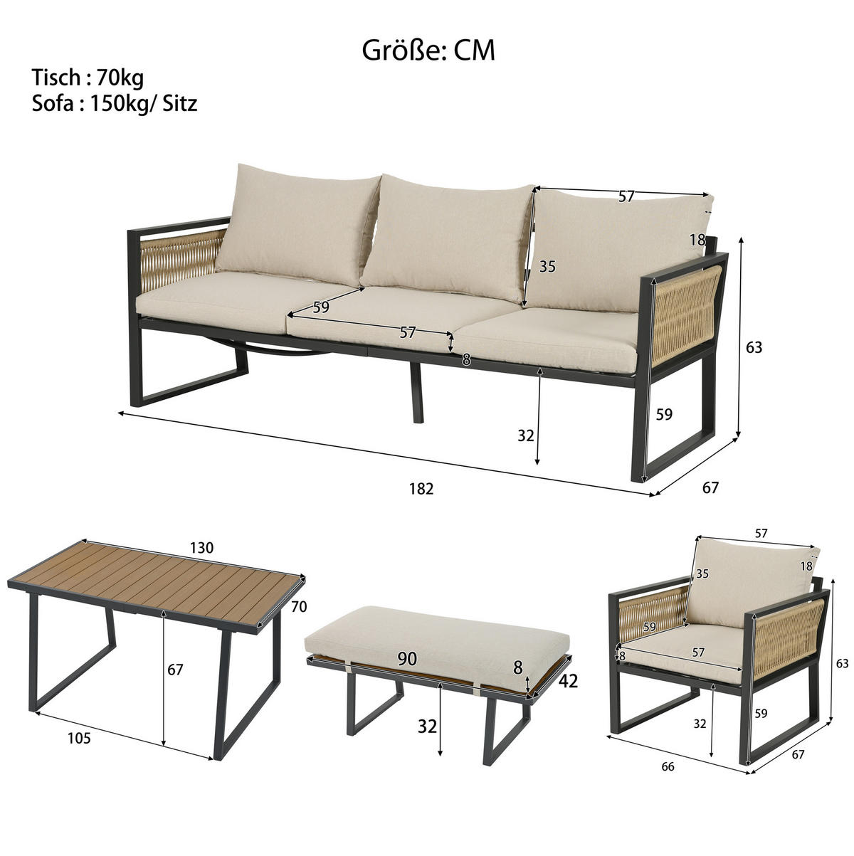 5-TLG. Gartenmöbel-Set mit Esstisch, 3-Sitzer-Sofa, 2 Sesseln und Hocker, mit Seilgeflecht und Kunststoffholzplatte, Beige - Beige, Textil - Redom