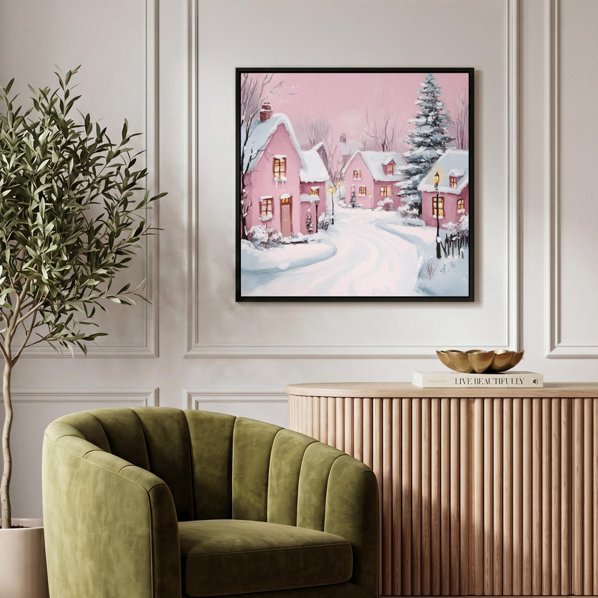 LEINWAND Bilder mit Rahmen - Weihnachtsdorf - Rosa - Winter - Schnee - Häuser - 50x50 - Altrosa, Textil (50/50cm) - MuchoWow