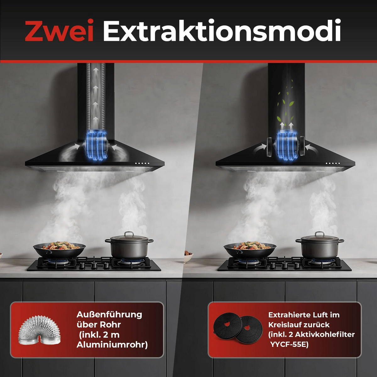 DUNSTABZUGSHAUBE Edelstahl mit Aktivkohlefilter, Filter - Schwarz, Metall (25.22/56.71/65.81cm) - Korfee
