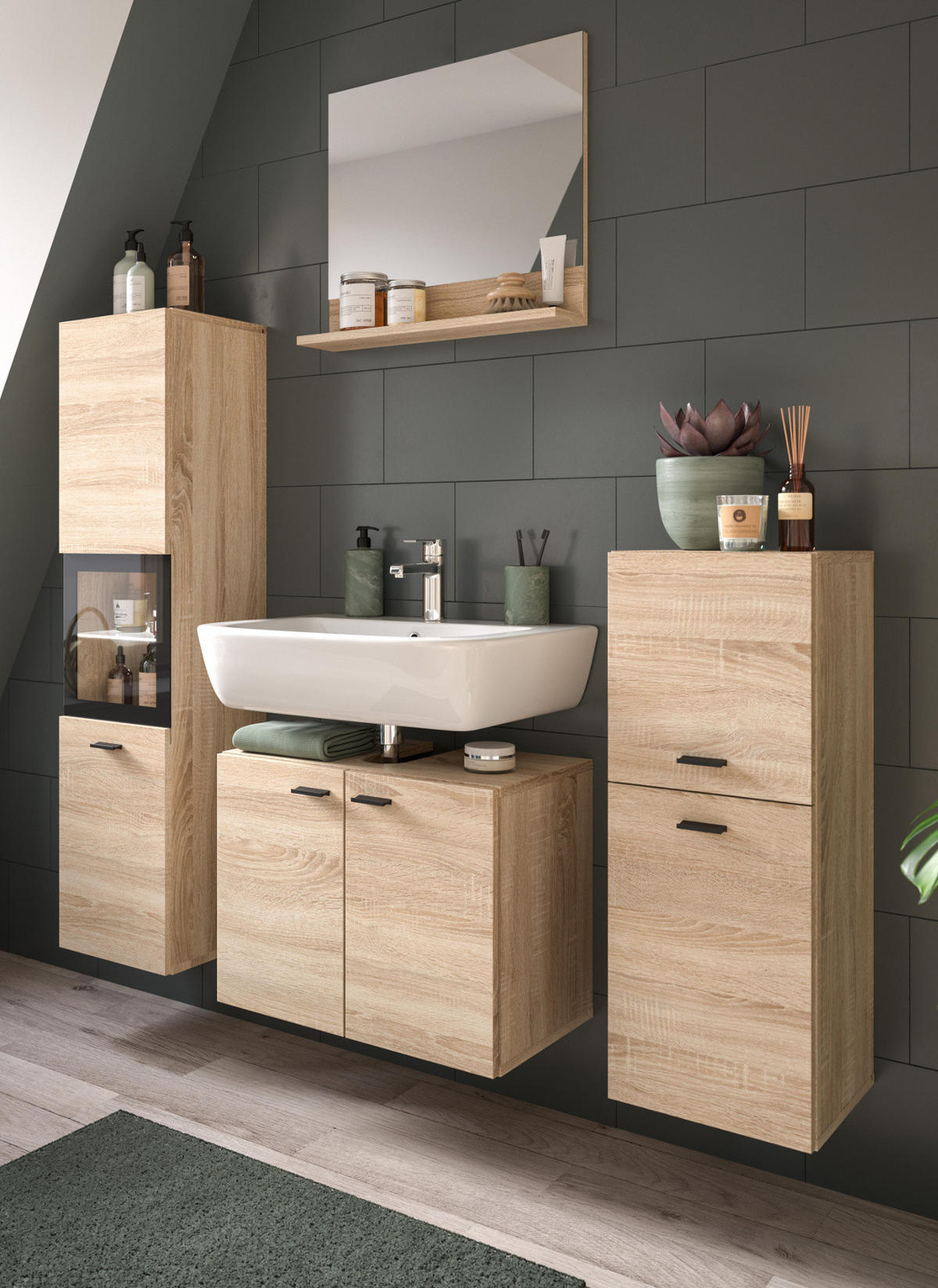 BADMÖBEL-SET Eiche 4-teilig 140 cm, Komplettset hängend oder stehend - Eichefarben/Schwarz, Glas/Holzwerkstoff (137/186/33cm) - Inn.Furn