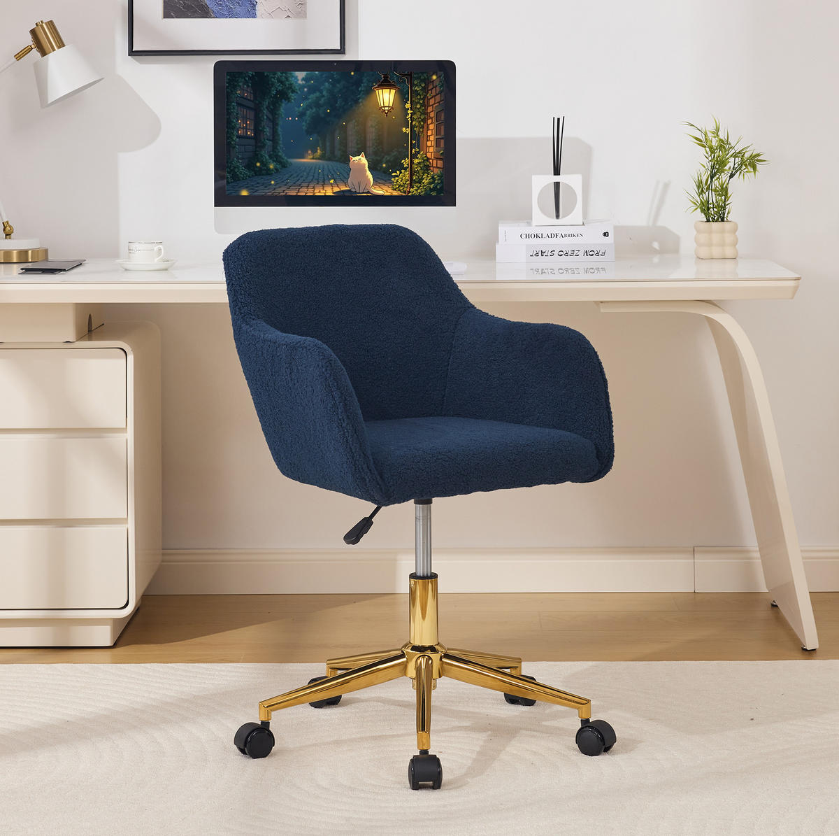 DREHSTUHL 58/58/86 cm Dunkelblau aus Lammfell-Optik höhenverstellbar - Dunkelblau, Textil (58/86/58cm) - OKWISH
