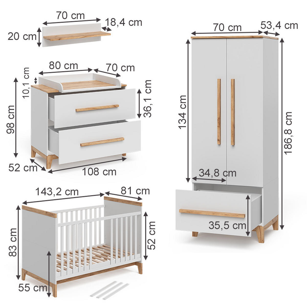 SADA PRO DĚTSKÝ POKOJ Malia Bílá/dub Sada 4 kusů - bílá/barva dubu, kompozitní dřevo (70/187/50cm) - VitaliSpa