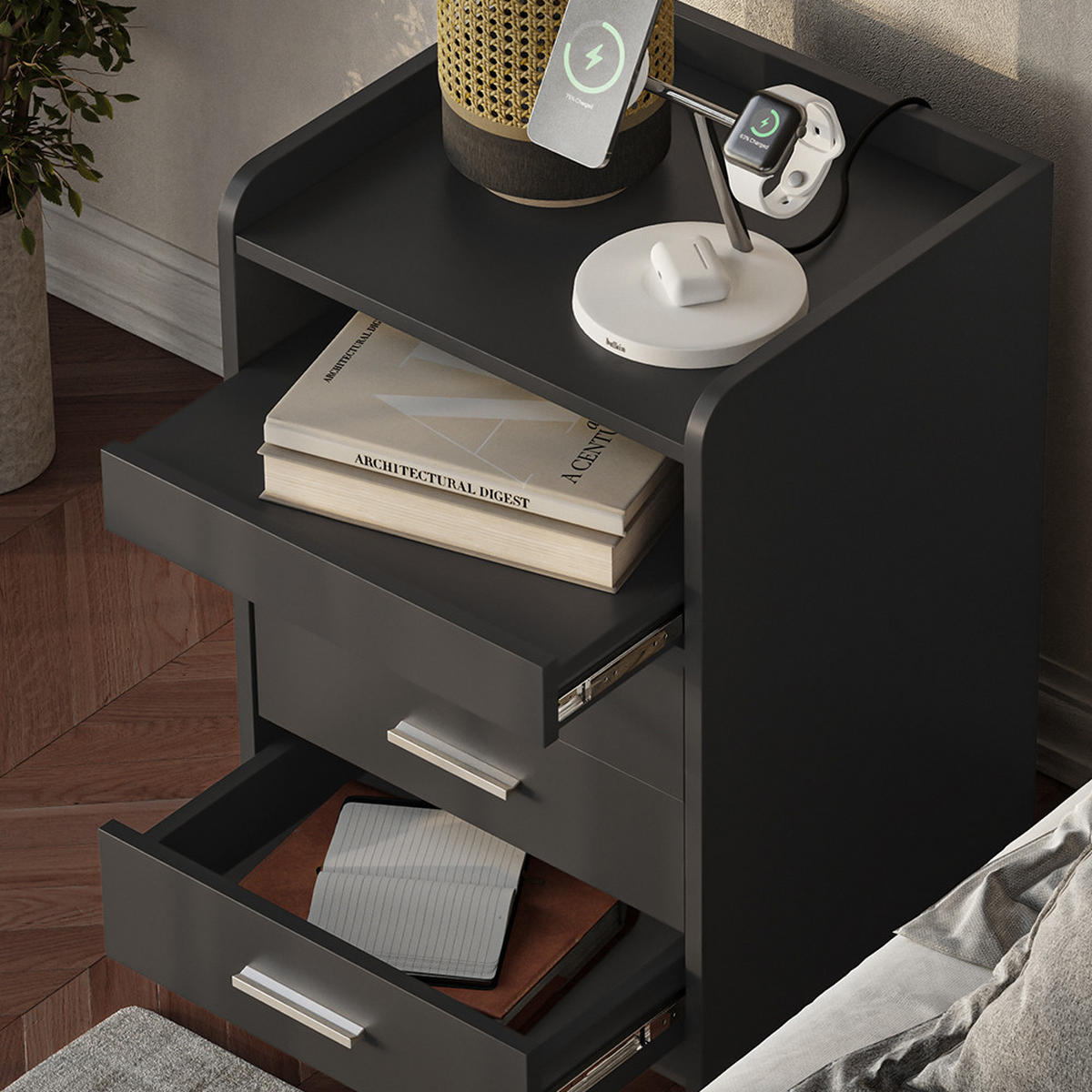 NACHTTISCH Edis Anthrazit 45 x 64 cm mit 3 Schubladen - Anthrazit, Holzwerkstoff (45/64/40cm) - Vicco