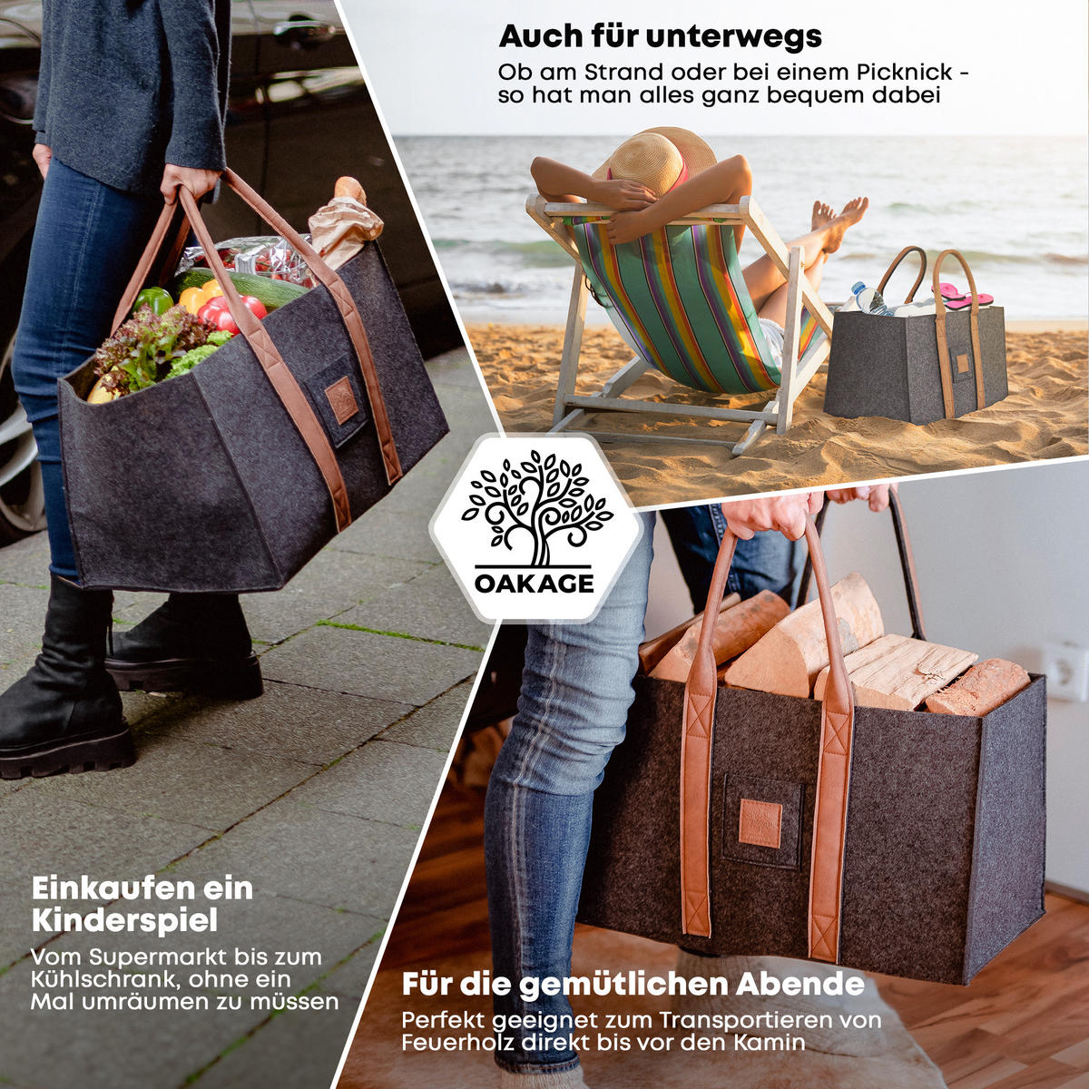 KAMINHOLZKORB SinglePack Filz 50/32/30 cm - Dunkelgrau, Textil (32/30/50cm) - OAKAGE