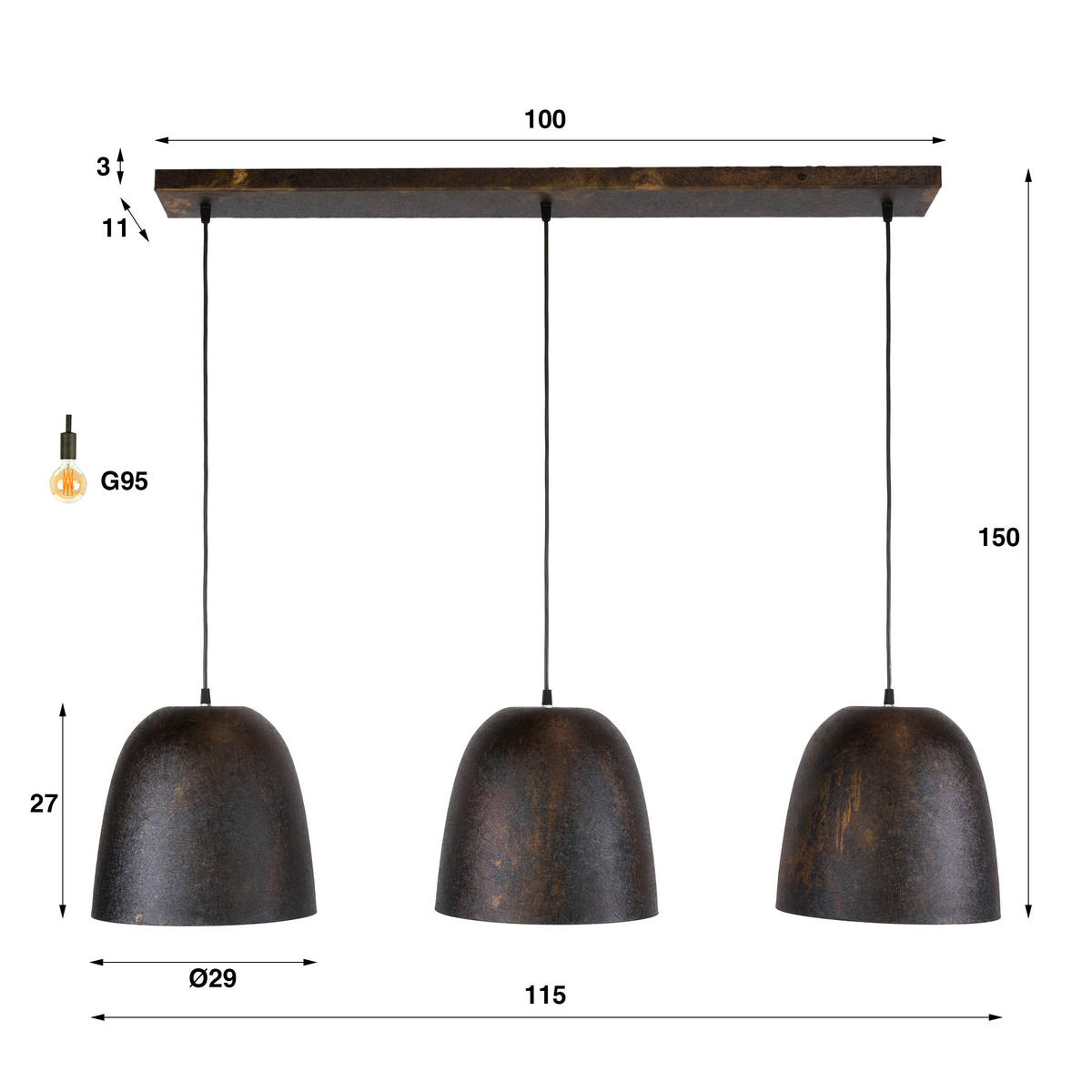HÄNGELEUCHTE Nova Braun 29/115/150 cm - Braun, Metall (29/115/150cm) - Hoyz Collection