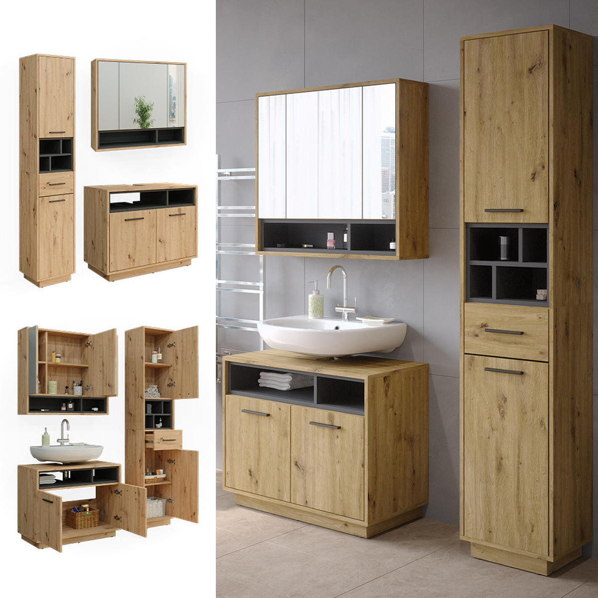 BADMÖBEL-SET Beatrice Artisan-Eiche 3 Teile, mit Hochschrank - Anthrazit/Eiche Artisan, Holzwerkstoff (80/64/40cm) - Vicco
