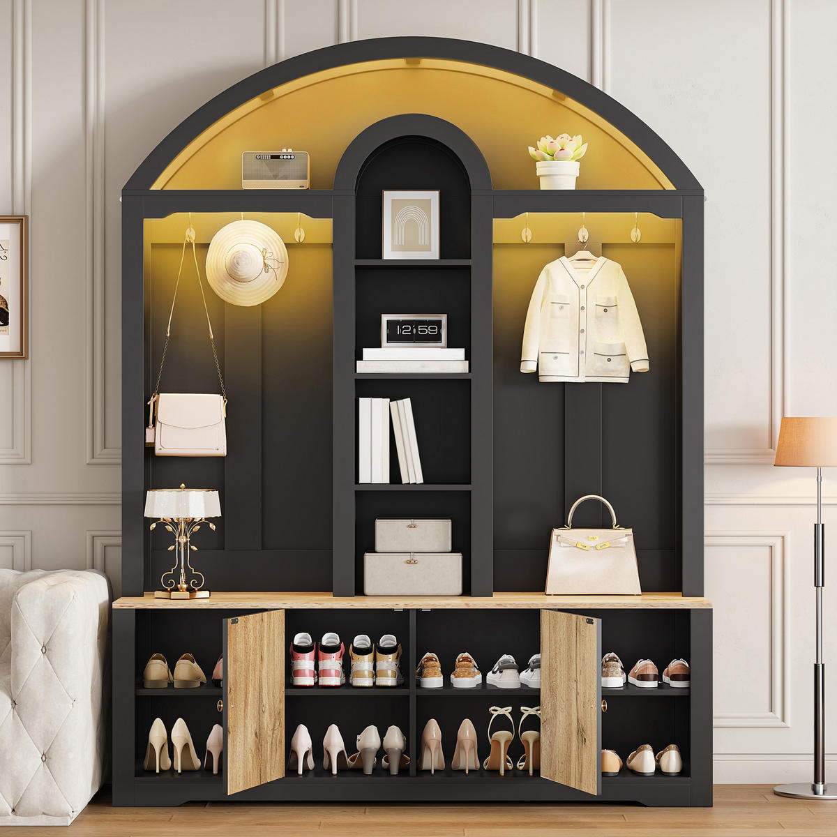 GARDEROBE Flur geschwungenes Design offene Regale LED Hakenleiste multifunktionaler Stauraum - Schwarz, Holzwerkstoff/Metall (150/195/40cm) - EVRYAE