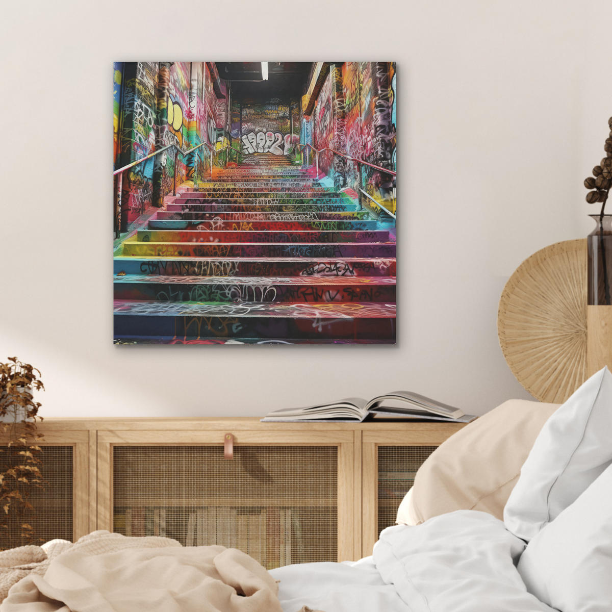 AKUSTIKBILD Treppe - Graffiti - Farben - Kunst Wandbilder 60x60 cm - Multicolor, Kunststoff (60/60/0.9cm) - MuchoWow