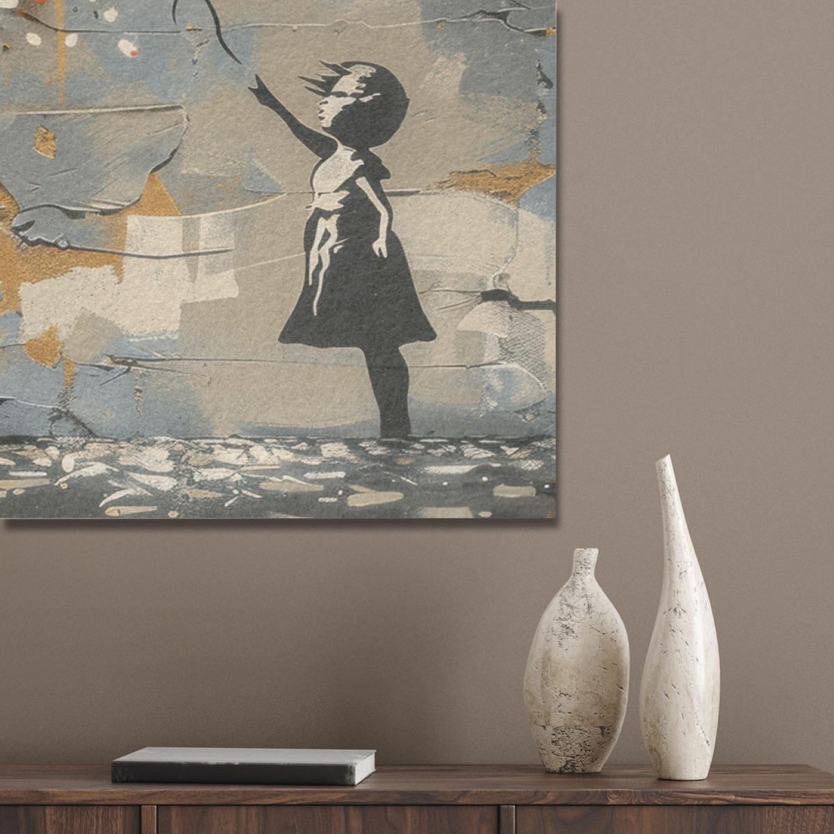 AKUSTIKPANEEL Baum - Graffiti - Banksy-Stil - Ballon-Mädchen 100x70 cm - Blaugrau, Textil (100/0.9/70cm) - MuchoWow