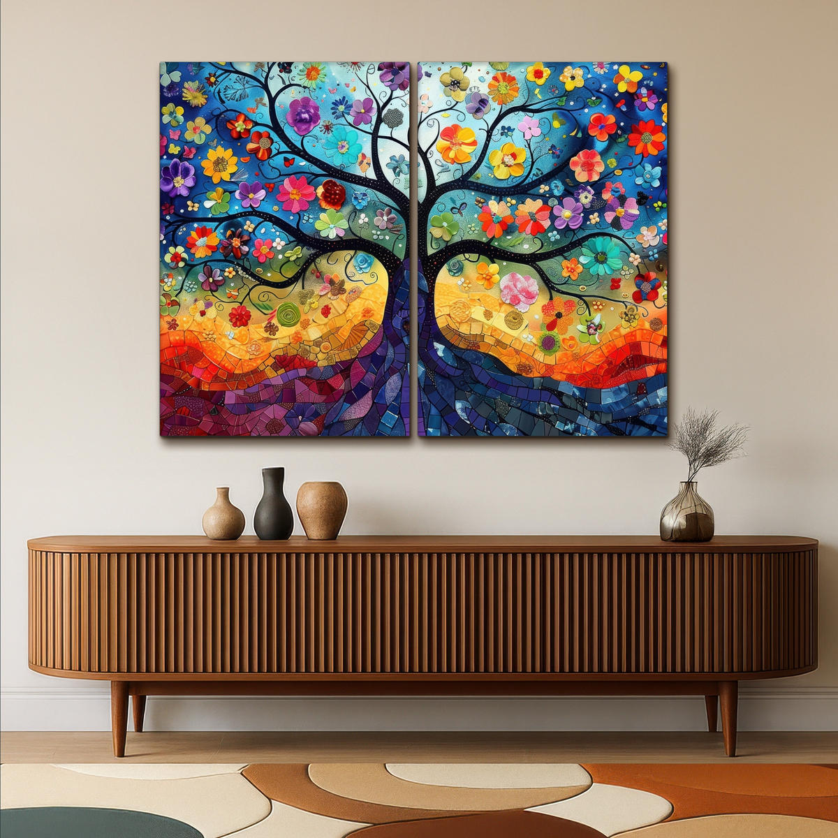 LEINWANDBILD 2er Set Bunt - Baum des Lebens - Blumen - Abstrakt 160x120 cm - Blau, Textil (160/120cm) - MuchoWow