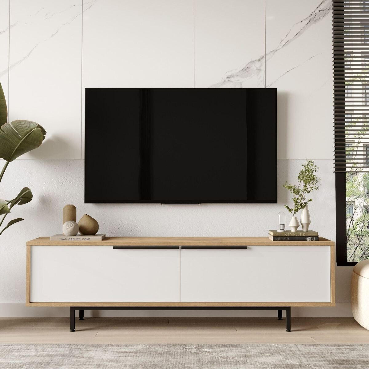 TV stolek se 2 výklopnými dvířky, dubový a bílý efekt, šířka 160 cm - NAYA - barva jasanu, kompozitní dřevo (35.5/45.1/10cm) - Calicosy