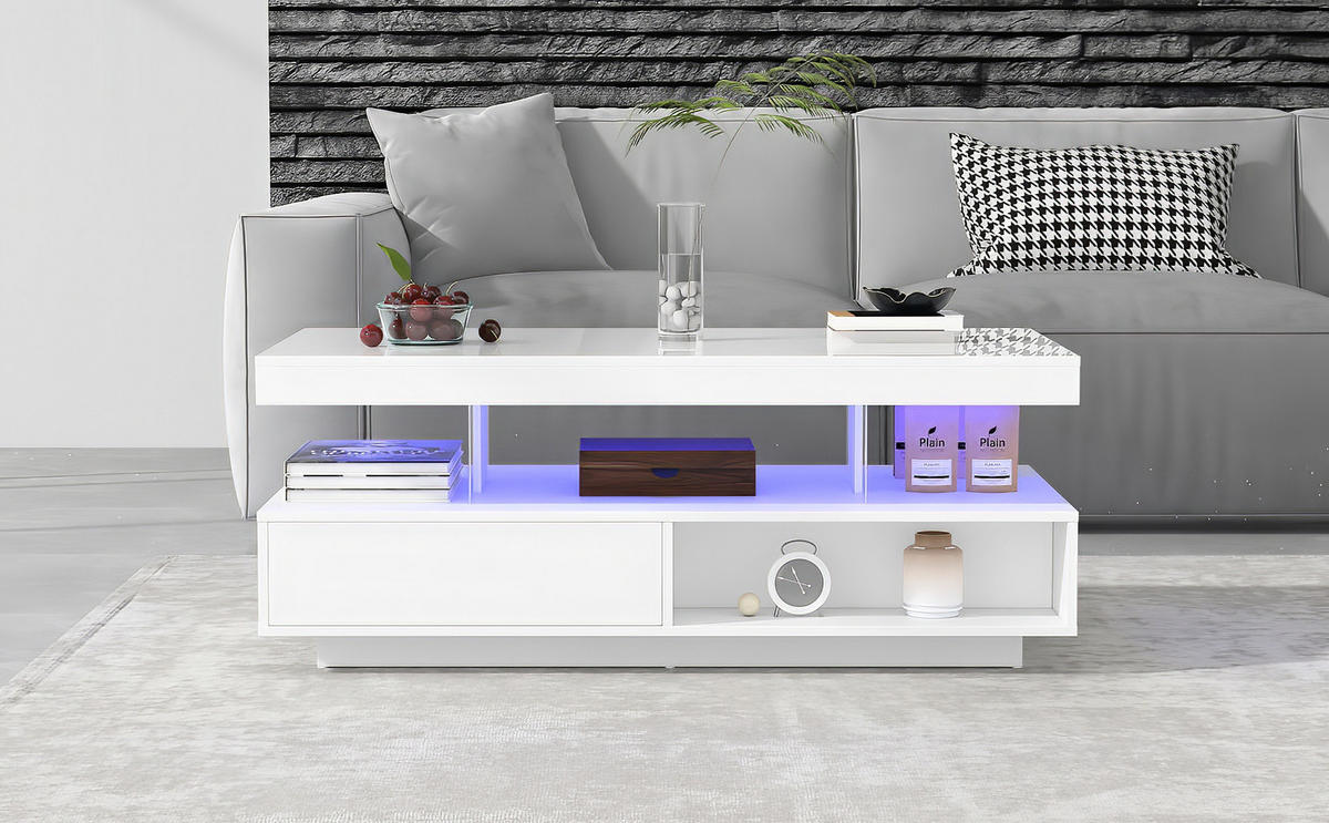COUCHTISCH, Weiß Hochglanz mit 4 Glaseinsätzen, 2 Schubladen und 2 offenen Fächern, 95/50/42,5 cm,Weiß - Weiß, Holzwerkstoff (95/50/42.5cm) - Redom