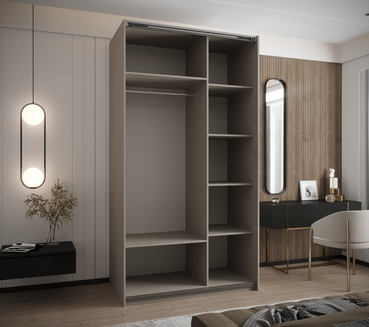 SCHWEBETÜRENSCHRANK 245,5/140/64 2-türig - Kaschmir/Silberfarben, Holz/Metall (140/245/64cm) - Abiks Möbel
