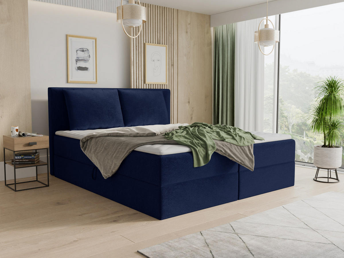 BOXBETT Egro - 140x200 - blau (Kronos 09, Velvet) - Blau/Schwarz, Holz/Holzwerkstoff (140/200cm) - Sofnet