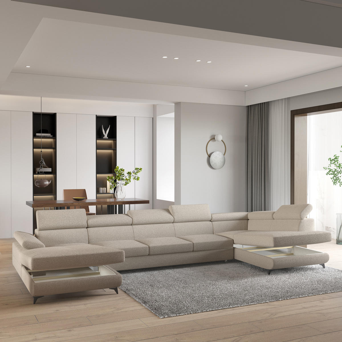 WOHNLANDSCHAFT MONTIVA Beige Boucle-Stoff mit Schlaffunktion - Beige, Holz (410/89/190cm) - MASSENO