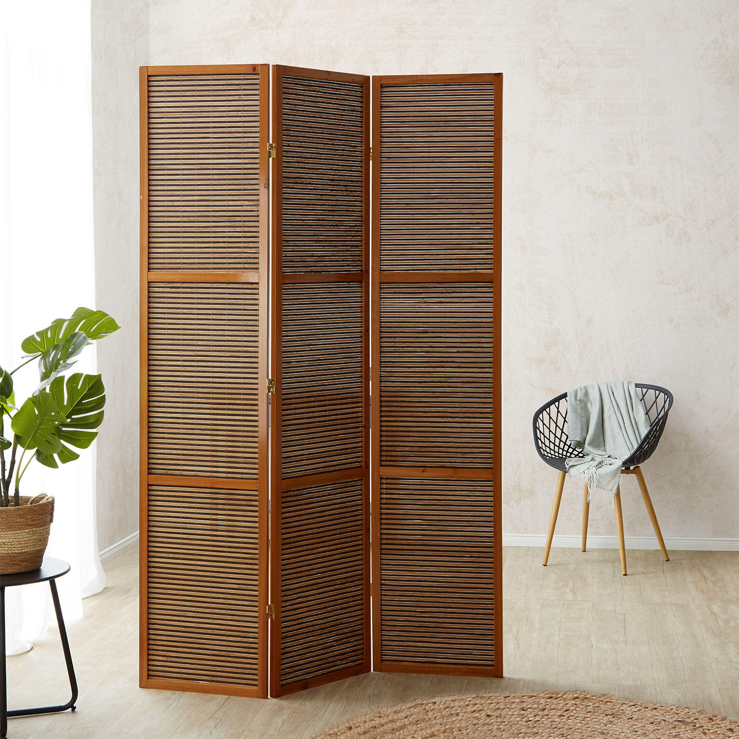 PARAVENT 3-tlg. 120/200 cm Braun Bambusstreben - Braun, Holz (120/200/2cm) - Homestyle4u