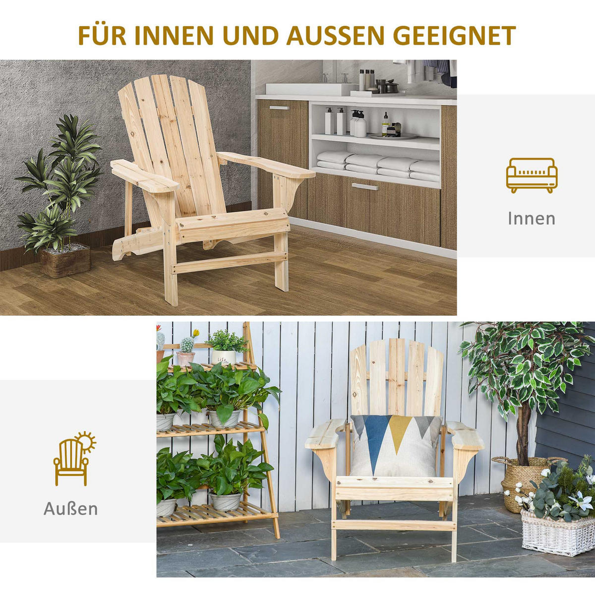GARTENSTUHL mit hoher Rückenlehne Natur - Naturfarben, Holz (78/88/89cm) - Outsunny