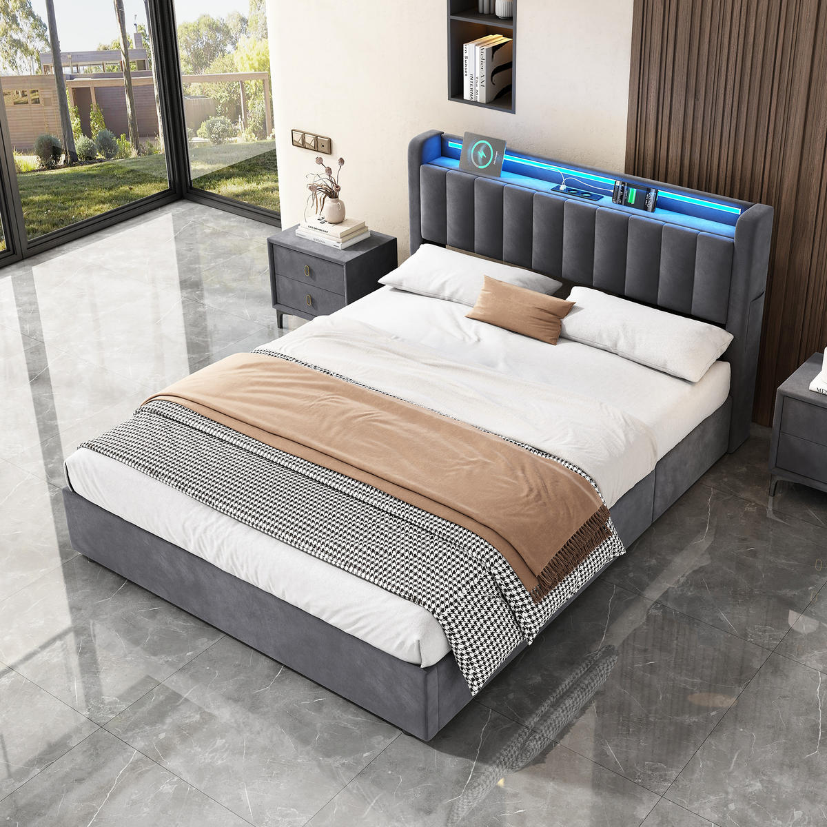 POLSTERBETT 140/200 cm Grau mit LED-Lichtleiste und USB-Anschlüssen - Grau, Holzwerkstoff (140/200cm) - OKWISH