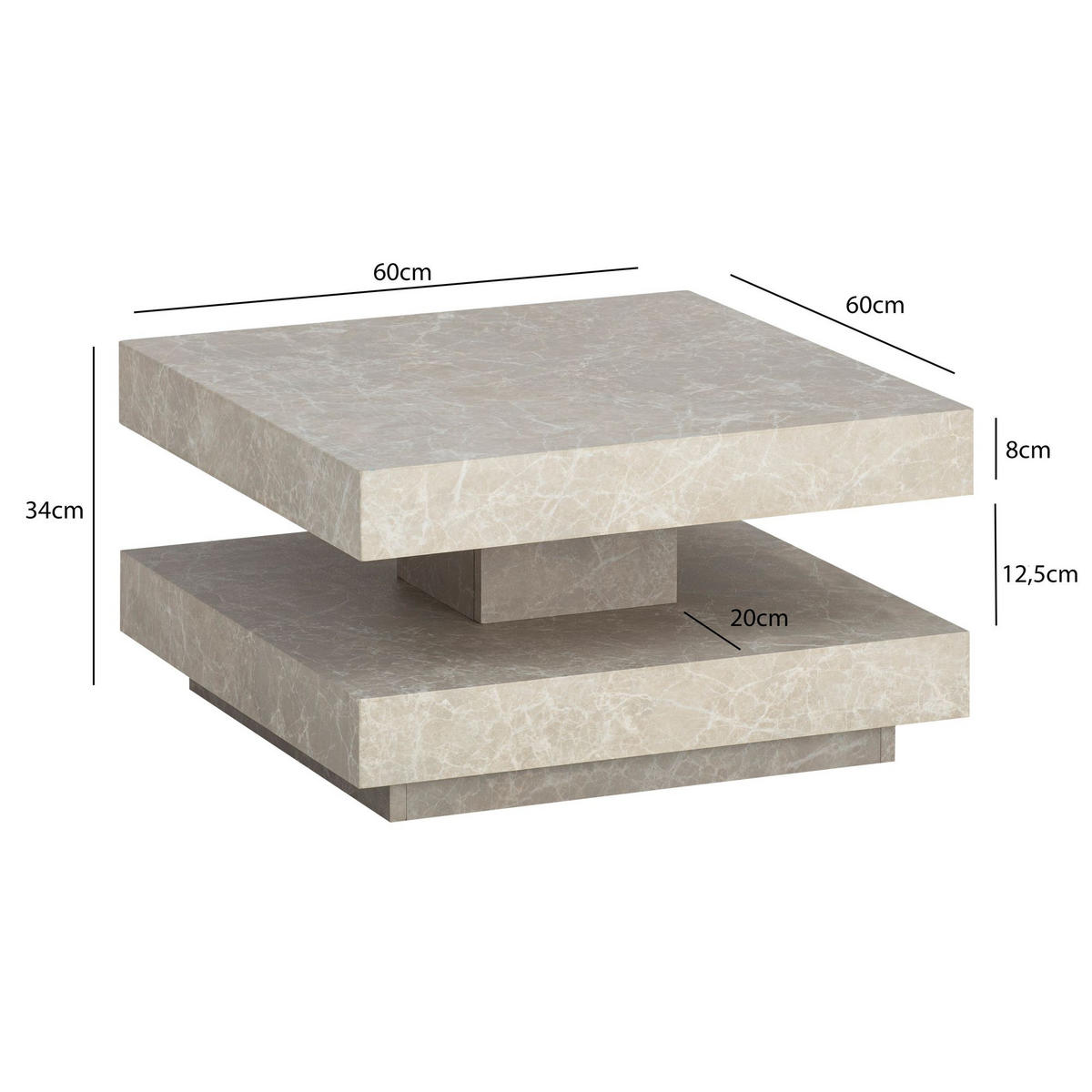 COUCHTISCH in Stein-Optik mit Stauraum, Modernes Design, Quadratisch, Beige 60x60x34 cm - Beige, Holzwerkstoff (60/60/34cm) - KADIMA DESIGN
