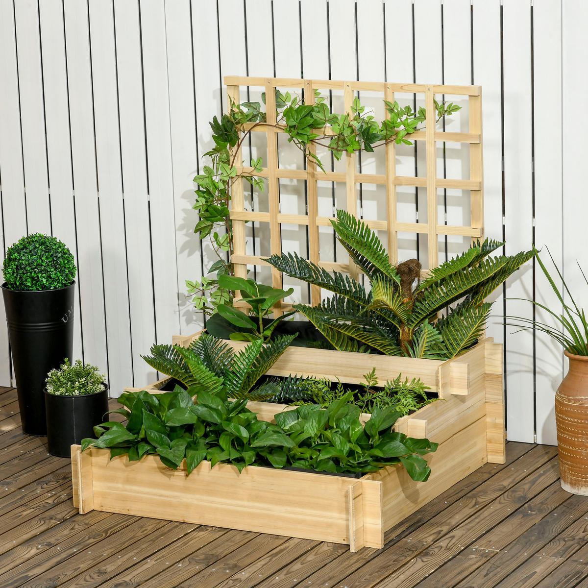PFLANZKASTEN aus Holz 3-stufiges Hochbeet mit Rankgitter für Gemüse Blumen Naturholz - Fichtefarben, Holz (95/110/95cm) - Outsunny