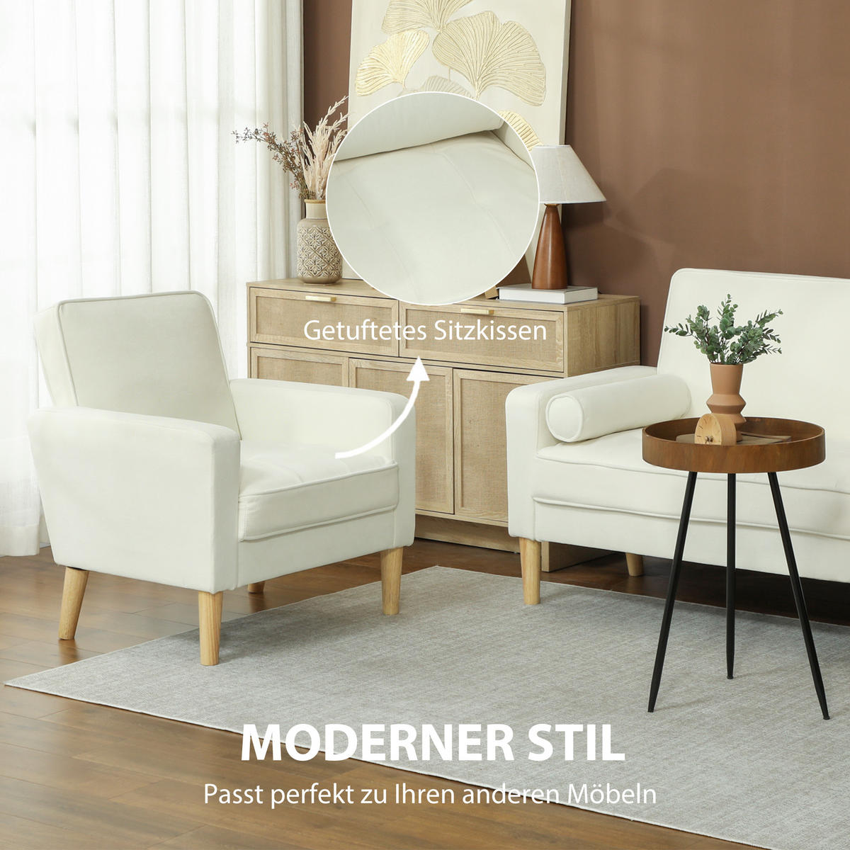 SOFA Polyester Gummiholz Cremeweiß - Creme/Naturfarben, Holz/Textil (76/82/79cm) - HOMCOM