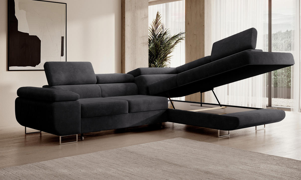 ECKSOFA Stevil Dunkelgrau Cordbezug - Dunkelgrau/Silberfarben, Textil/Metall (275/203cm) - Selsey