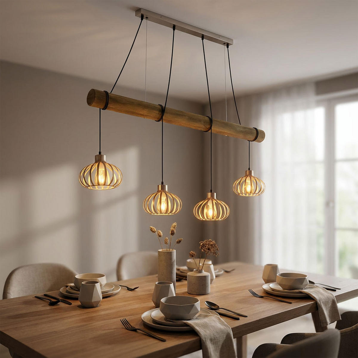 HÄNGELEUCHTE CALDWELL, Metall, Holz, Braun, höhenverstellbar - Braun, Holz (125/20/150cm) - Globo Lighting