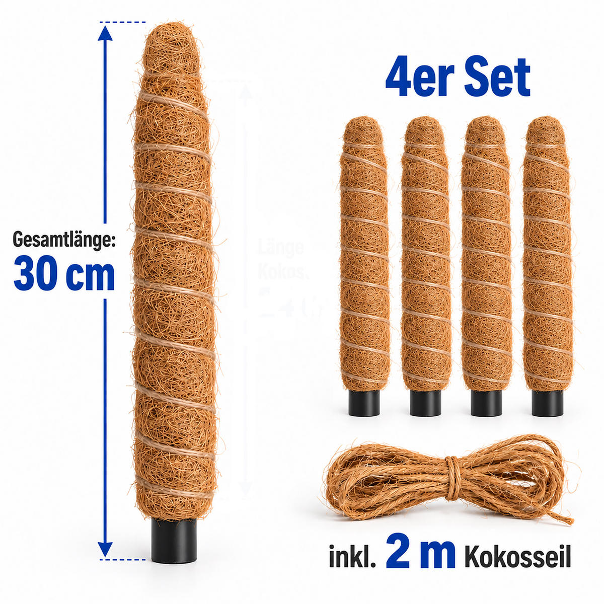 RANKHILFE Natur Kokos 4er-Set 30 cm - Hellbraun, Kunststoff/Textil (7/30/7cm) - Relaxdays