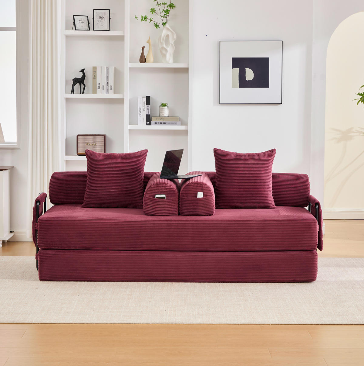 SOFA 200/94/67 cm aus Cord mit Metallrahmen und 3 Kissen Weinrot - Weinrot, Textil (94/67/200cm) - Modenvie