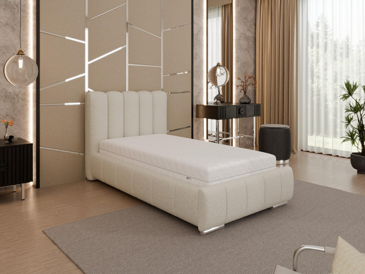 POLSTERBETT Zaira 90x200cm – Elegantes Polsterbett für modernen Wohnstil , Federkernmatratze Bonnel (18cm), creme - Creme, Holz - Panda Möbel