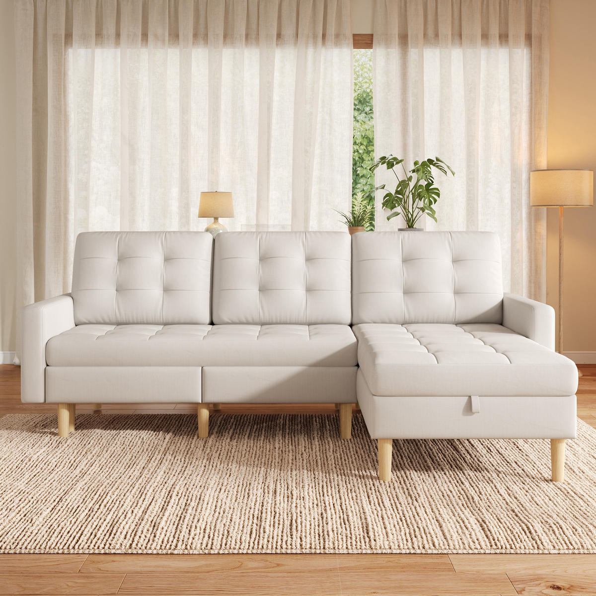 ECKSOFA L Form Stauraum Chaiselongue 3-Sitzer Beige 212cm - Beige, Textil (212/130cm) - FLIEKS
