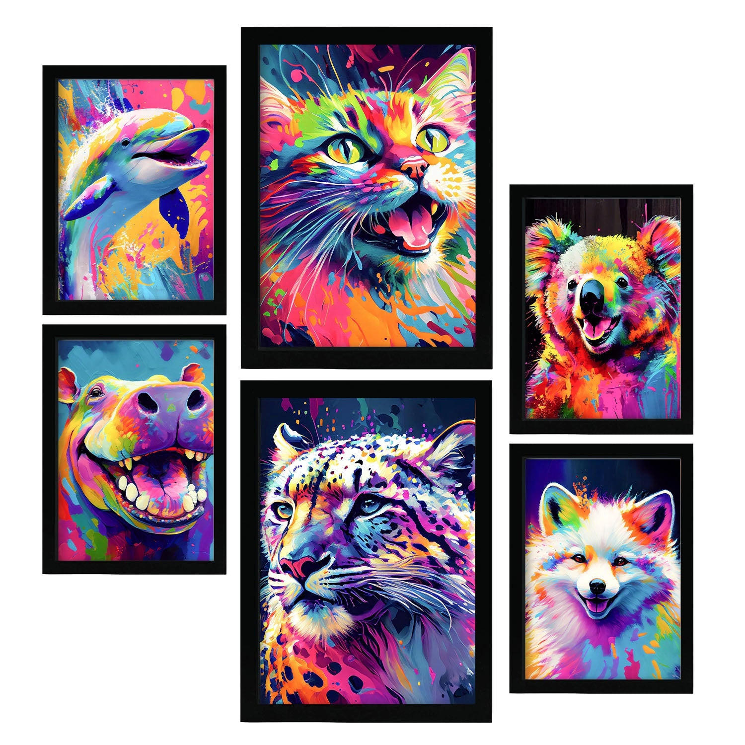 POSTER Set Mit 6 Land Und Wassertiere Im Hochformat Lebhafte Aquarell Stil Illustrationen Von Lächelnde Tiere A3 & A4 Schwarzer Rahmen - Schwarz, Papier (29/3cm) - Nacnic