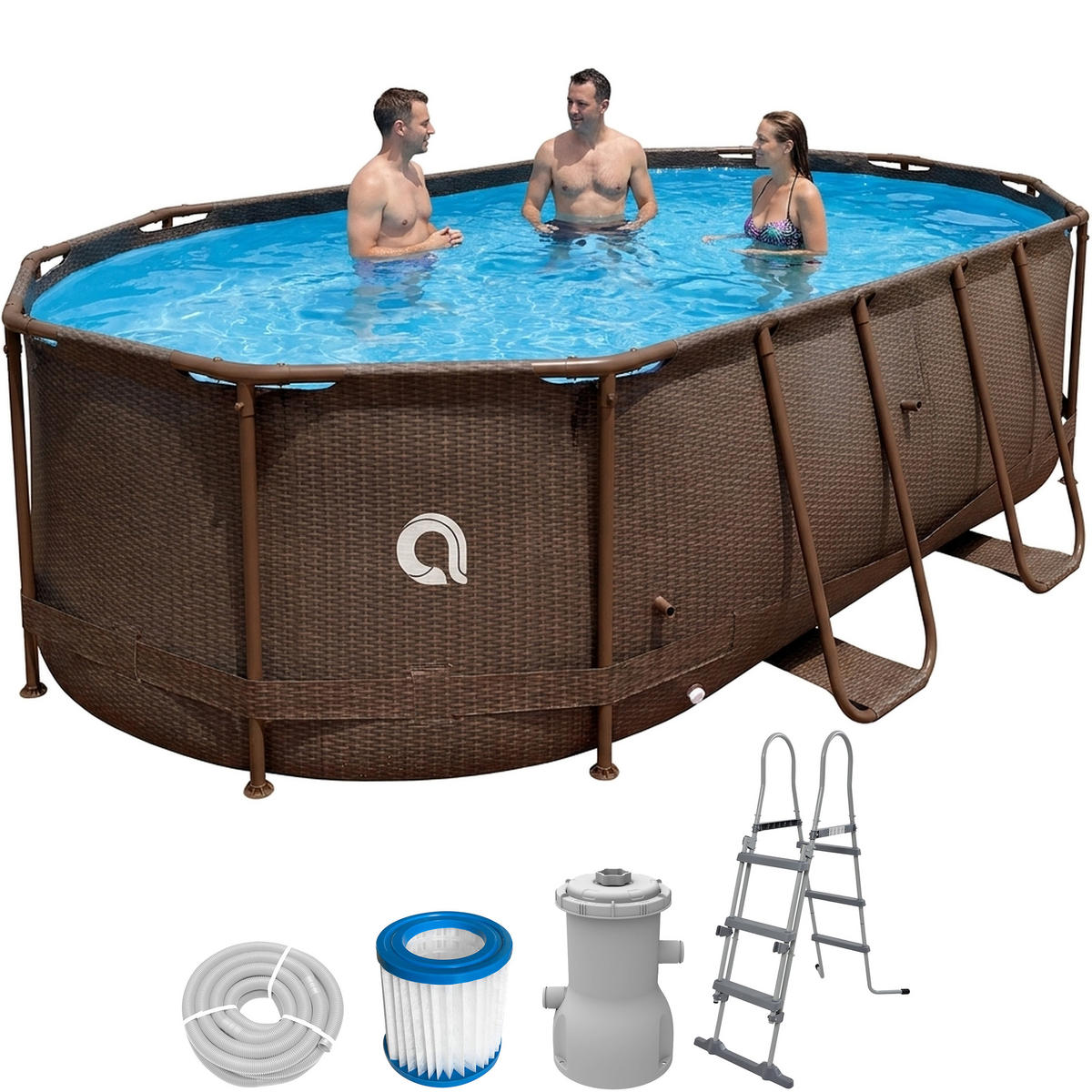 POOL Komplettset Framepool oval 427x275x100 cm rattan-braun mit Filterpumpe - Braun, Kunststoff/Metall (275/100/427cm) - Avenli