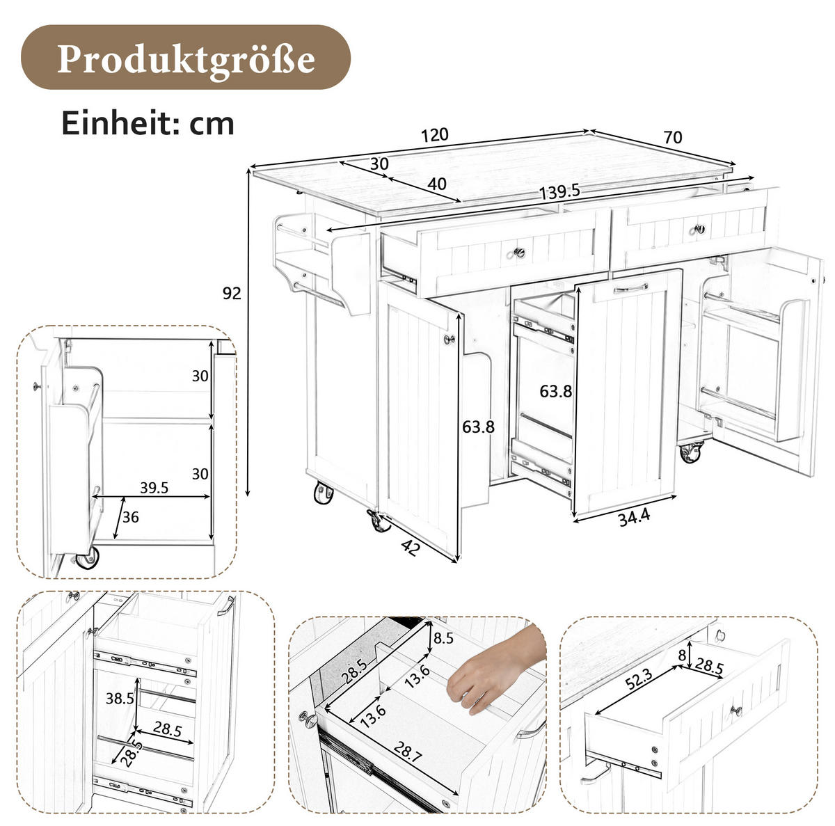 KUCHYŇSKÝ ostrov z MDF 140x40-70x92 cm černý/přírodní s výsuvnou deskou, zásuvkami a kolečky - černá, kompozitní dřevo (140/92/70cm) - Modfu