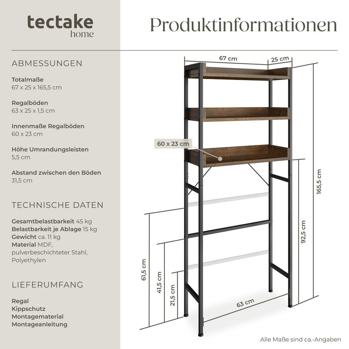 BADEZIMMERREGAL Seattle,inklusive Kippschutz,Industrial Holz dunkel, rustikal - Rostfarben, Holz (63/165/25cm) - tectake