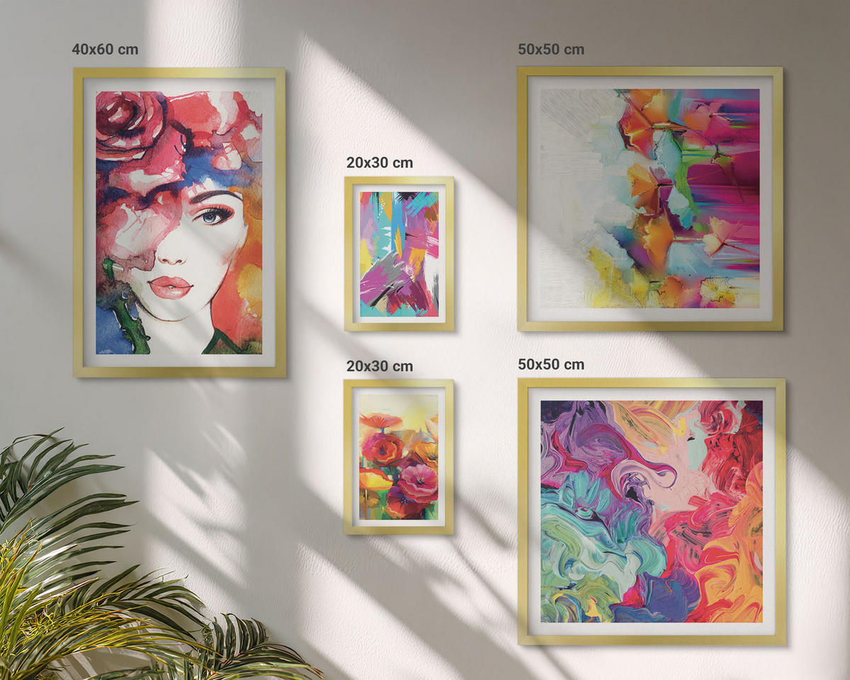 BILDER SET 5er Set - 50x50 cm & 20x30 cm & 40x60 cm Goldrahmen - Farbenfrohe Abstraktionen der Form - Goldfarben, Kunststoff (40/60cm) - TULUP