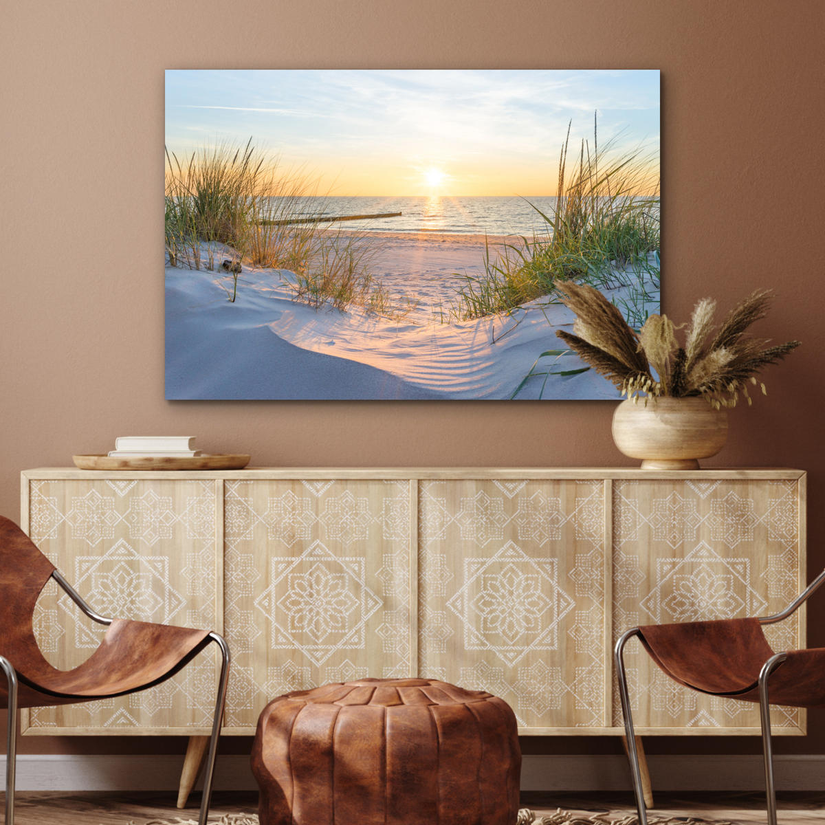 METALLBILD Strand - Sonne - Düne - Gras - Sand - Horizont 120x80 cm - Hellblau, Metall (120/80cm) - MuchoWow