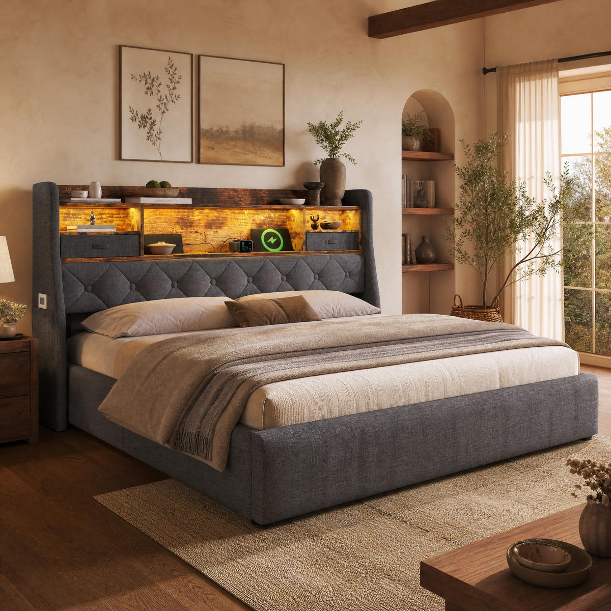 POLSTERBETT 180/200 mit Bettkasten, LED und USB & Type-C in Grau - Grau, Holzwerkstoff/Textil (180/200cm) - EVRYAE