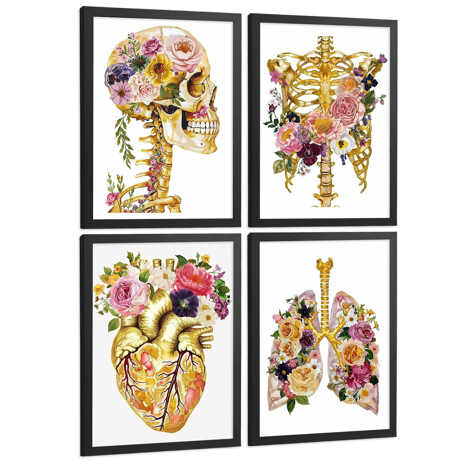 POSTER Set aus 4 Anatomie Mensch Drucke und Wandbilder mit Schädel Skelett Herz und Goldene Lungen Wanddekoration Größe Schwarzer Rahmen A4 - Schwarz, Papier (21/29.7/3cm) - Nacnic