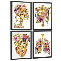 POSTER Set aus 4 Anatomie Mensch Drucke und Wandbilder mit Schädel Skelett Herz und Goldene Lungen Wanddekoration Größe Schwarzer Rahmen A4 - Schwarz, Papier (21/29.7/3cm) - Nacnic
